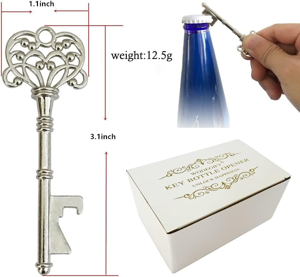 100 PCS Wedding Favors Bottle Opener,Wedding Gifts for Guest Vintage Skeleton Key Opener,Key Openers with Escort Tag Cards and Chains (Silver) - Image 3