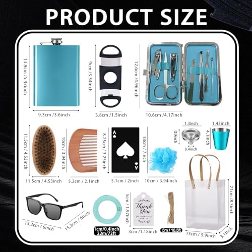 Baby Shower Prizes for Men 6 Set with 8oz Stainless Steel Hip Flask Bottle Opener Manicure Kit Bath Sponge Sunglasses Gift Bag Baby Shower Game Prizes for Winner Bachelor Party (Blue, 6 Sets) - Image 4