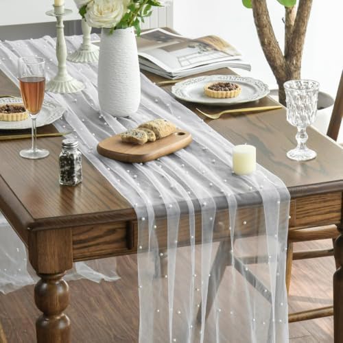 Artoid Mode 10-Pack Pearl White Gauze Table Runner 10FT Home Decor - Image 2