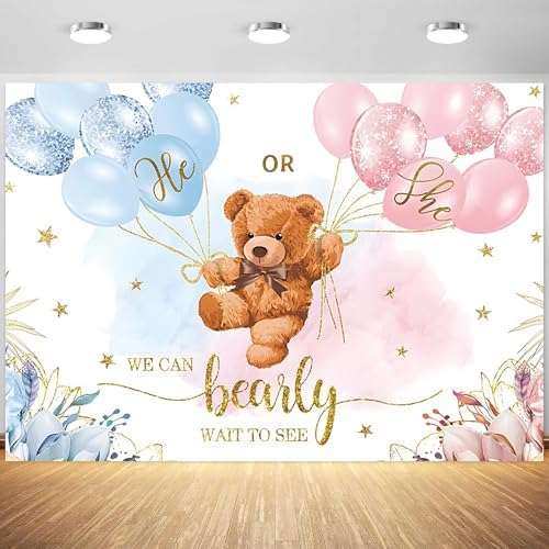 9x6ft Gender Reveal Backdrop Baby Bear Boy or Girl Photography Background Baby Shower Party Blue and Pink Banner Decorations Supplies Photo Booth Props by Tranhiafe