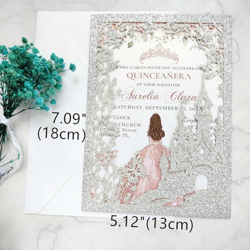 20PCS Castle Pocket Invitations, Quinceanera Invitations with Envelopes, Princess Invitation, Laser Cut quince invites (glitter silver) - Image 5