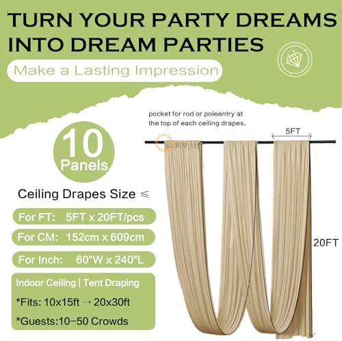 10 Panels 5ft(W) x 20ft(L) Soft Tan Ceiling Drapes for Wedding Parties - Image 6