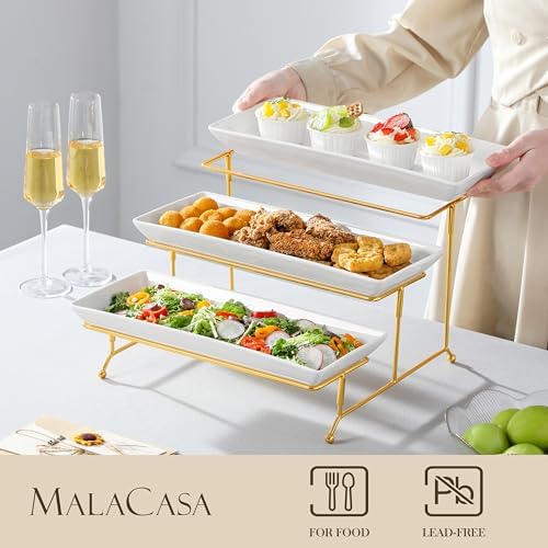MALACASA 3 Tier Serving Trays for Party, 14 Inch Porcelain White Trays for Serving Food, Dessert Stand with Collapsible Gold Metal Rack - Image 3