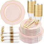 Liacere 350PCS Pink Plates Disposable-PinK Plates 50guest Baroque Plastic Dinnerware include 100Plates, 50Pack Pre Rolled Napkins with Silverware 50Cups Perfect for Wedding & Party & Baby shower by Liacere