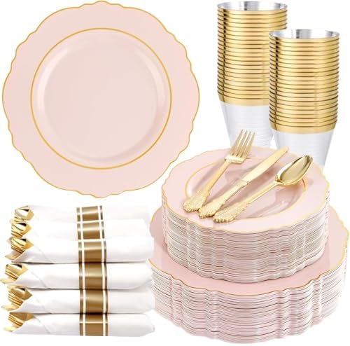 Liacere 350PCS Pink Plates Disposable-PinK Plates 50guest Baroque Plastic Dinnerware include 100Plates, 50Pack Pre Rolled Napkins with Silverware 50Cups Perfect for Wedding & Party & Baby shower by Liacere
