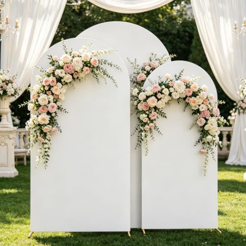 Set of 3 Metal Arch Backdrop Stands with White Covers, 6/6.6/7.2FT - Image 2