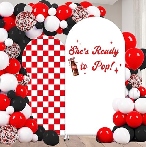 FYSUIMU 2 Pcs She’s Ready to Pop Arch Backdrop Covers Red Plaid Soda Bottle Stretchy Spandex Arch Stand Fabric Cover for Baby Shower Gender Reveal Party Decorations (5ft/6ft) by FYSUIMU