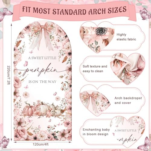 Tegeme 7.2ft a Sweet Little Pumpkin Is on The Way Arch Backdrop Cover Fall Baby Shower Girl Decoration Large Pink Bow Pumpkin Floral Backdrop Party Favor for Gender Reveal Party Photo Background Decor - Image 2
