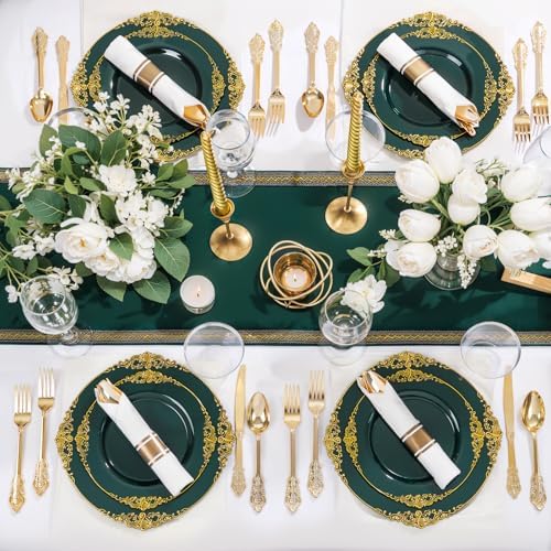 Nervure 175Pcs Green Plastic Plates, Disposable Party Plates for 25 Guests - Image 4