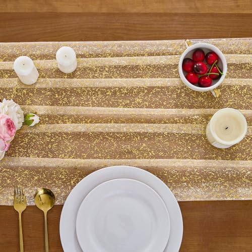 12PC Gold Gauze Table Runner 120 Inch 10FT Dining Wedding Baby Shower Holiday Birthday Sparkly Sheer Tulle Table Décor - Image 6