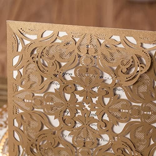 Hosmsua 50PCS Personalized Gold Wedding Invitation Pocket, 6.3x6.3 Laser Cut Flora Wedding Invitation Pockets with Envelopes for Wedding Quinceanera Sweet 16 Invite - Image 5