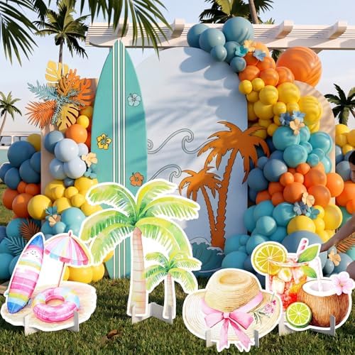 Honoson 4 Pcs Large 32" Summer Beach Party Decoration Cardboard Cutouts, Pool Coconut Tree Yard Signs Photo Booth Prop for Birthday Tropical Swimming Hawaiian Luau Bar Party Supplies by Honoson