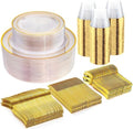 WELLIFE 300Pcs Clear Gold Dinnerware, Clear and Gold Plates Heavy Duty, Including 50 Dinner and 50 Dessert Plates, 50 Cups, 50 Silverware by WELLIFE