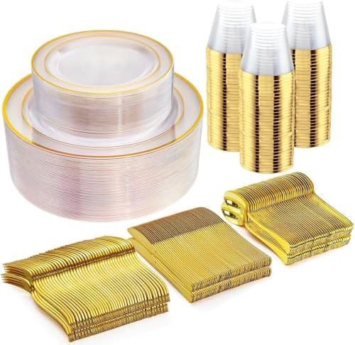 WELLIFE 300Pcs Clear Gold Dinnerware, Clear and Gold Plates Heavy Duty, Including 50 Dinner and 50 Dessert Plates, 50 Cups, 50 Silverware by WELLIFE