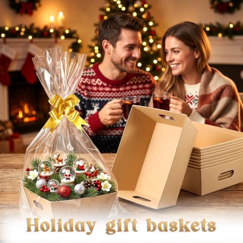 10Sets 10 x 8” Baskets for Gifts Empty, Thick Paper Gift Basket with Clear Wrap Bag and Pull Bows, for Wedding Birthday Bridesmaid Baby Shower Thanksgiving Party Gift Wrapping, Brown - Image 5