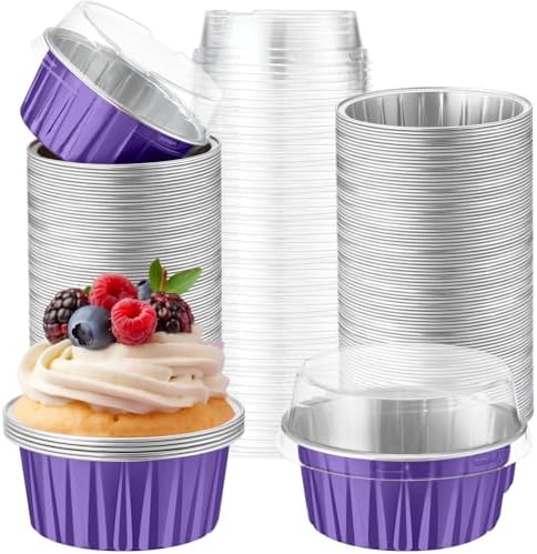 200 Pack Aluminum Cupcake Liners with Lids,Purple,Plain by Gandeer