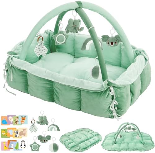 5-in-1 Baby Play Gym and Tummy Time Mat, 12 Learning Cards, Plush Activity Mat with 6 Toys, Baby Gym, Convertible to Ball Pit, Baby Gift, Sage Green by Unknown