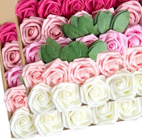 50pcs Pink White Foam Fake Roses with Stems Hot Pink Fuschia Blush Artificial Flowers Real Looking for Wedding Bouquets Bridal Shower Centerpieces Floral Arrangements Party Tables Home Decor Bulk by LCiclly