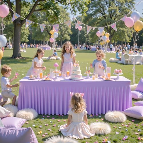 Purple Table Cloth for 8 Foot Rectangle Tables Fitted Stretch Spandex Table Cover with Skirt 8ft Baby Shower Birthday Party Banquet Ruffle Lavender Tablecloth Wedding Table Cloths Desk Skirt, 2 Pack - Image 2