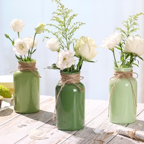 Vintage Glass Flower Vase Set of 6, Farmhouse Mason Jars for Centerpieces – 3 Green Shades (Light/Sage/Olive) for Wedding, Party, Table Decor & Home Decor Bulk - Image 5