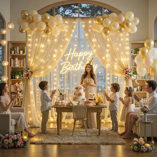 20×15ft Champagne Tulle Backdrop Curtain with Lights String for Parites Sheer Fabric Backdrop Curtains for Wedding Baby Shower Birthday Party Backdrop Drapes Photo Shoot Background 4 Panels 5ft×15ft - Image 6
