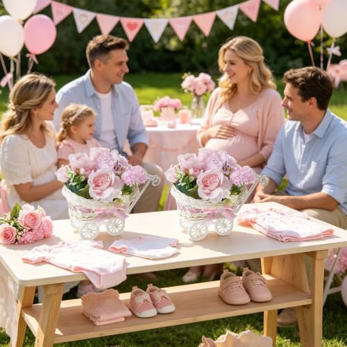 3 Set Rattan Baby Carriage Floral Arrangement with Bouquet for Baby Shower Table Centerpiece Stroller for Gender Reveal Party Decor Favor - Image 7