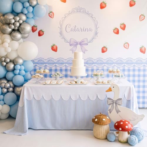 Blue Striped Tablecloth with White Scalloped Overlay Table Cover - Image 6