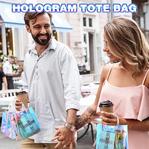 Sherr 25 Pcs Clear Holographic Small Gift Bag Iridescent Reusable PVC Plastic Gift Wrap Tote Bag for Shopping Wedding Birthday Baby Shower Party Favor, 7.87" x 7.87" x 3.15" - Image 4