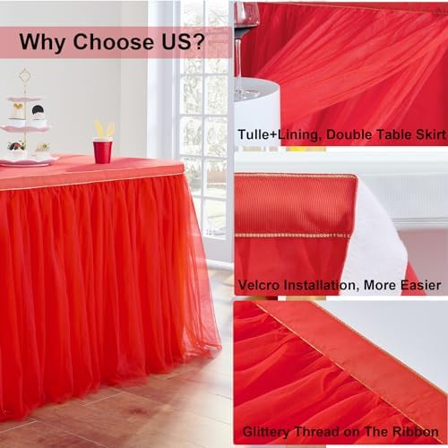 108inch Red Tulle Table Skirt for Rectangle Tables 4/6/8ft, 2-Layer Ruffle Tulle Tutu Red Cloth Table Desk Skirts 9ft for Chrismas Birthday Party Baby Shower Cake Dessert Tables(No Top Cover) - Image 3