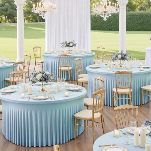 GALLETY 6 Pack Baby Blue Round Tablecloths for 6FT Tables, 132" Fitted Round Tablecloth with Skirt, Wrinkle Free Spandex Table Cloth, Stretch Covers for Baby Shower, Wedding Venue & Vendor Display - Image 5