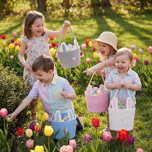 Hushee 4 Packs Easter Bunny Basket for Kids, Colorful Rabbit Woven Bag for Egg Hunts, Egg Filled Tote Bag with Handle for Boys Girls Toddler Baby Infant Easter Party Game Favors Personalized Gift - Image 4