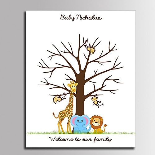Personalized Fingerprint Tree Guest Book for Baby Shower Lovely Elephant Lion Canvas Painting with Wooden Hanger DIY Signature Sign in Book Girls Communion Gift-80x120cm - Image 2