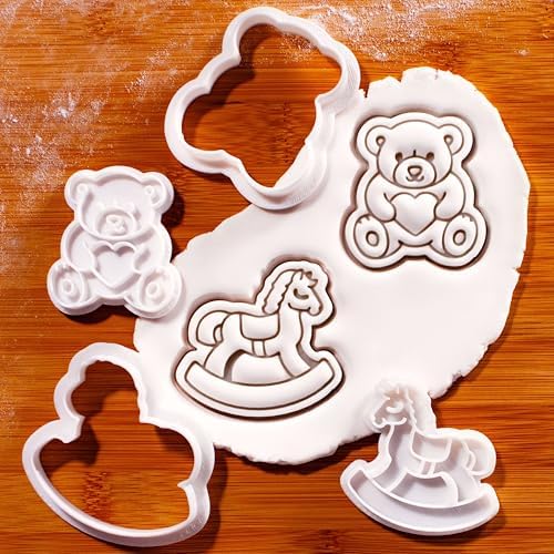 BAKERLOGY Set of 2 Rocking Horse & Teddy Bear with Heart Mini Cookie Cutter & Stamp Set – Cute Fondant Embosser for Baby Shower, First Birthday, Christening, Nursery Cupcake Topper Baking Tool - Image 2