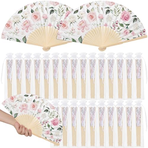 25 Pcs Pink Floral Folding Hand Fan Bulk with Organza Bags by Memorywuu