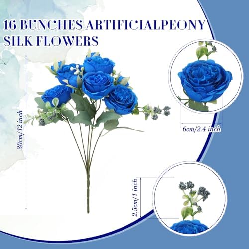 Geosar 8 Bundles Artificial Peonies Flowers,Royal Blue, White - Image 2