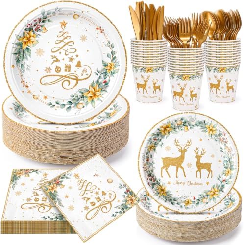 Honeydak 210 Pcs Gold Christmas Plates and Napkin Party Supplies Serves 30 by Honeydak