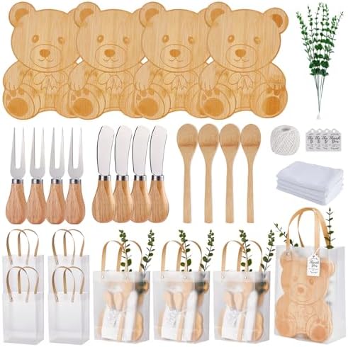 Baby Shower Prizes for Game Winners Bear Shaped Cheese Board Gift with Spoons Butter Spreaders Gift Bags Kitchen Towels Bridal Shower Party Favors for Guests (Bear Shaped, 4 Sets) by WishFond