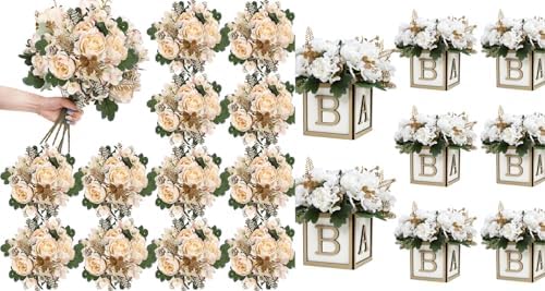 12 Bundles Peonies Artificial Flowers & Pack of 8 Baby Shower Centerpieces for Tables by SEKNHOP