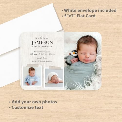 Let's Make Memories Personalized Baby Announcement Cards - Birth, Adoption - Boy, Girl - Premium Quality Custom Photo Cards for Mailing - 5x7 - Includes White Envelopes - Rustic Collage - 100 ct - Image 3