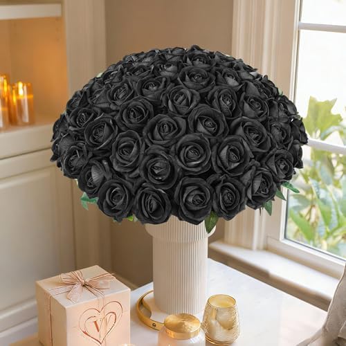 50 PCS Black Roses Artificial Flowers, Fake Roses with Stem Realistic Silk Roses for Halloween DIY Wedding Bouquets Table Centerpieces Arrangements Baby Shower Party Birthday Home Decor Gift for Her - Image 4