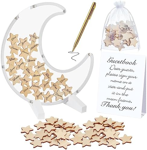 Kosiz Baby Shower Guest Book Alternatives Baby Shower Decorations with Wooden Chips for 60 Guests Sign Picture Frame Pregnancy Keepsake for Soon to Be Moms(White Moon) by Kosiz