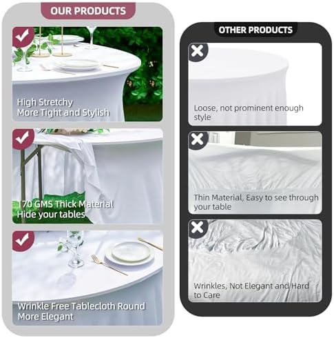 2 pk White Round Spandex Tablecloth for 60in Tables, Wrinkle Free Stretchy 120inch Fitted 5FT Table Cloths Round Table Covers with Skirt for Wedding Party Dining Banquet Events - Image 2