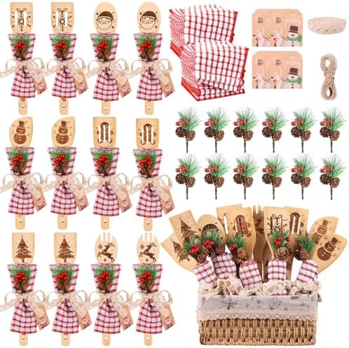 12 Sets Christmas Wooden Spoons Bridal Shower Favors Baby Shower Kitchen Utensils Set Wooden Spoons Waffle Towel and Christmas Tags Prizes for Xmas Party House Kitchen Supplies by POTPTPT