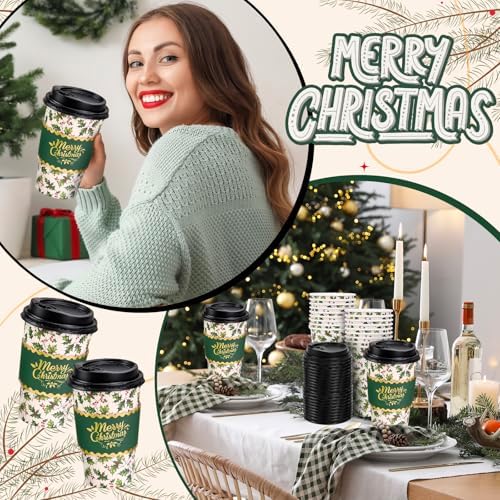 Whaline 50Pcs Christmas Disposable Coffee Cups with Lids and Sleeves Xmas Holly Berry Paper Drinking Cup for Winter Holiday Party Supplies - Image 7