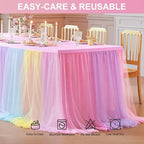 Wish Care 4 Pack Rainbow Tulle Tablecloth for 8 Foot Rectangle Tables Double Layer Tulle Tutu Skirt Unicorn Ruffle Pastel Table Cloth Stretch Fitted Table Covers for Girls Birthday Baby Shower Party - Image 6