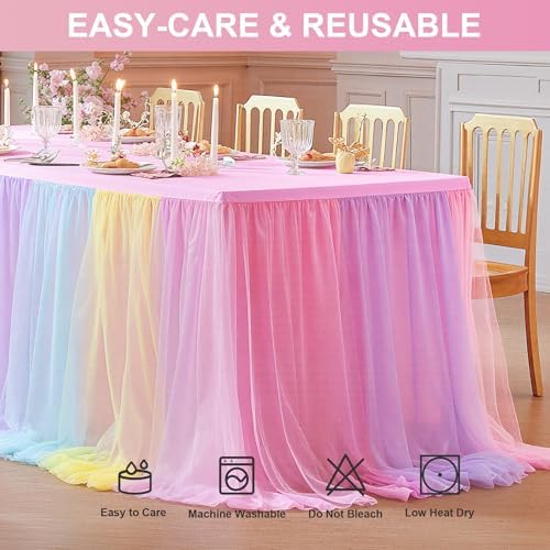 Wish Care 4 Pack Rainbow Tulle Tablecloth for 8 Foot Rectangle Tables Double Layer Tulle Tutu Skirt Unicorn Ruffle Pastel Table Cloth Stretch Fitted Table Covers for Girls Birthday Baby Shower Party - Image 6