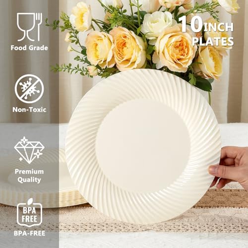 IOOOOO 100Pcs 10" Ivory Plastic Dinner Plates, Heavy Duty Disposable Plates - Image 2