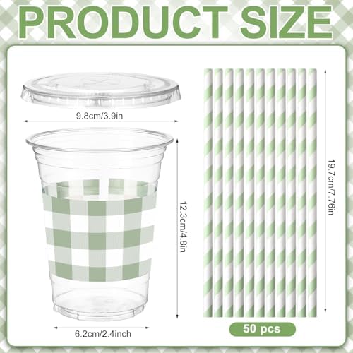 Sliner 50 Sets 16oz Sage Green Gingham Party Plastic Cups - Image 2