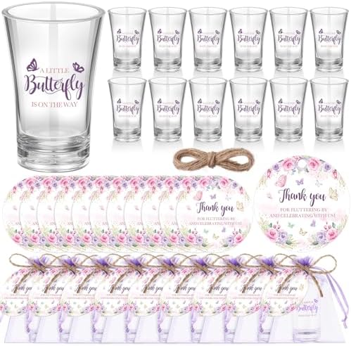 Funnymoom 50 Sets Butterfly Baby Shower Favors for Guests Souvenir A Little Butterfly is on The Way Acrylic Clear Shot Glasses Thank You Tags with Organza Bags Spring Party Decorations by Funnymoom