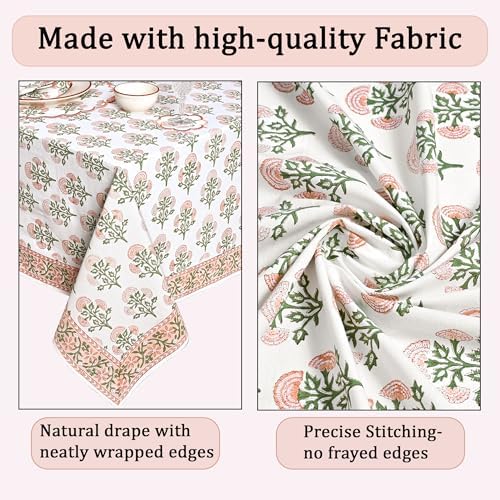 Ridhi Mughal Buta Peach Hand Block Print Cotton Tablecloth 60 x 60 Inch - Image 6